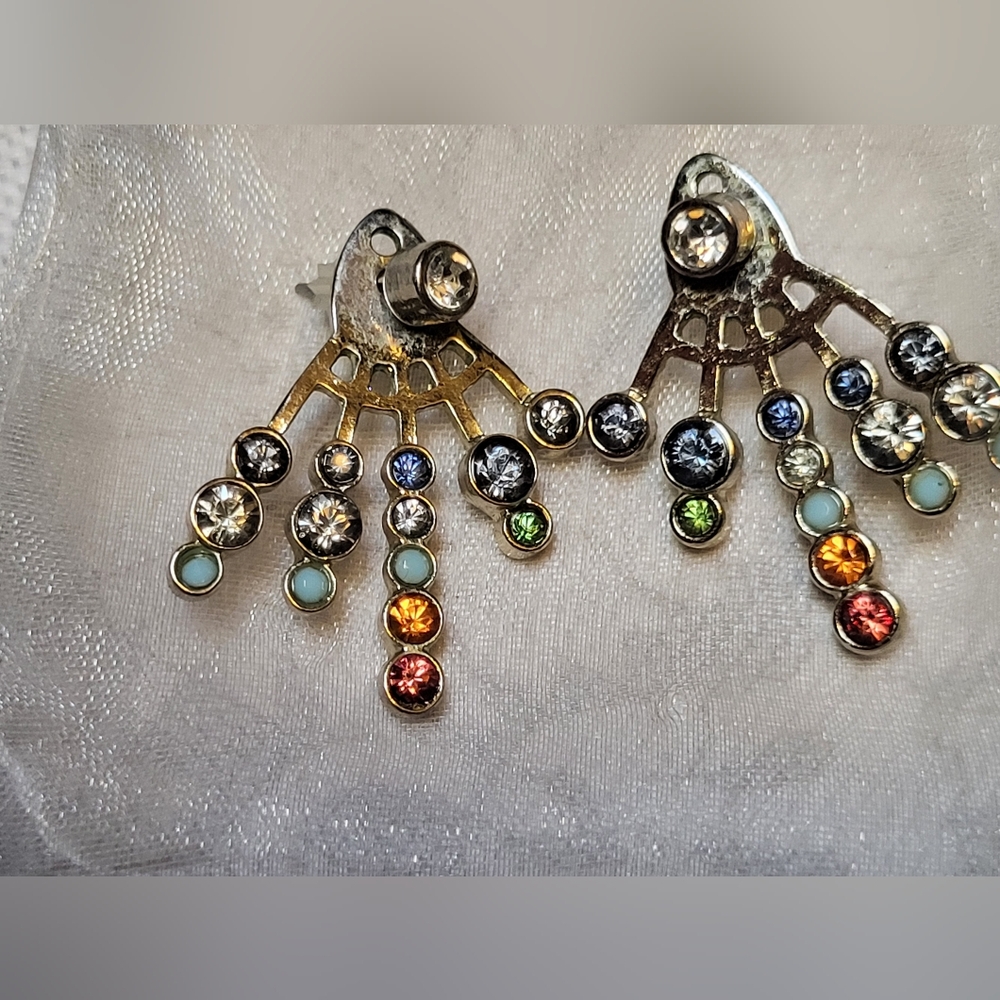 Aqua Gold Tone Cascading Rainbow Crystal Fan Two-Way Earrings
